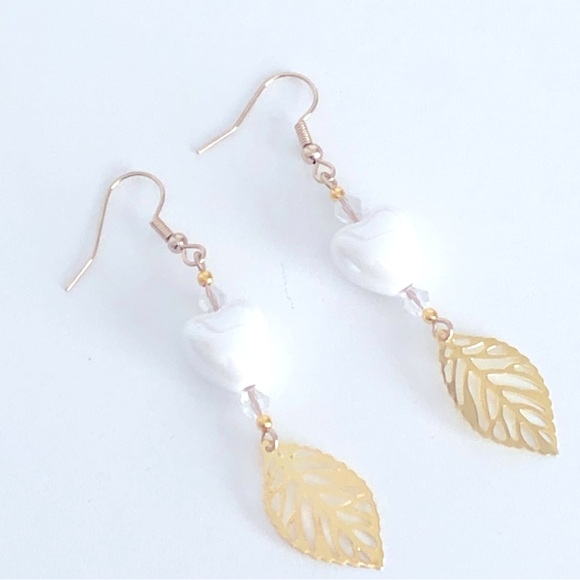 New White Ceramic Heart Glass Crystal Beaded Dangling Earrings Handmade Unique - Picture 2 of 9